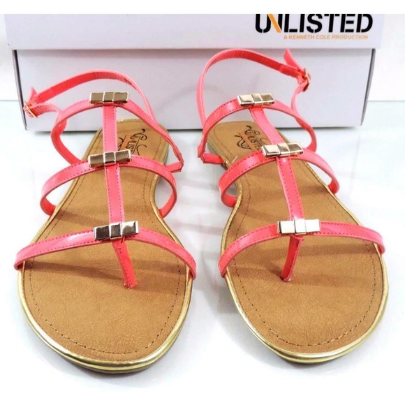 Unlisted by Kenneth Cole JAZZ STAND PA Strappy Flat Sandal Coral Patent Size 9.5 - Picture 6 of 7